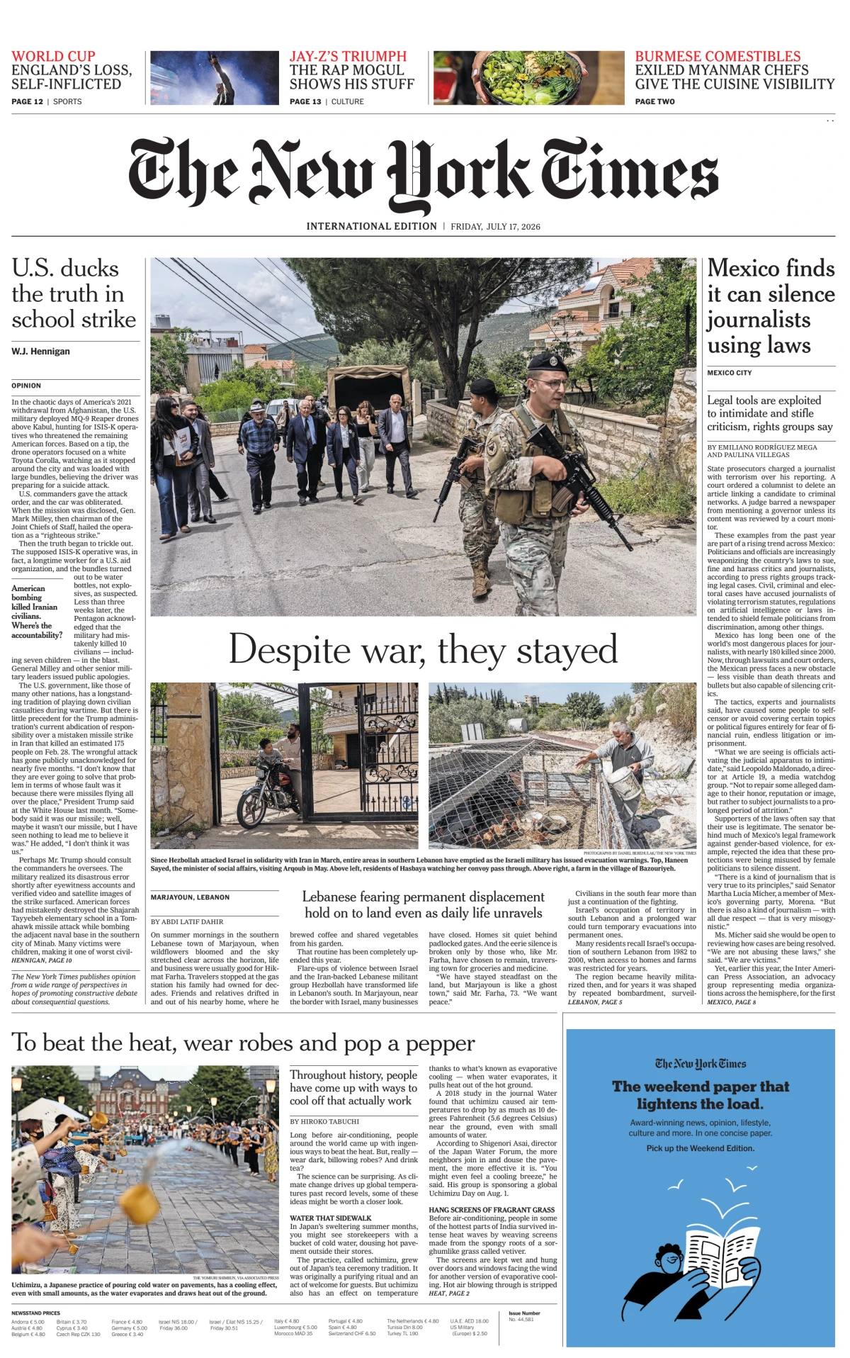 Portada de The New York Times (international) del viernes, 17 de julio de 2026