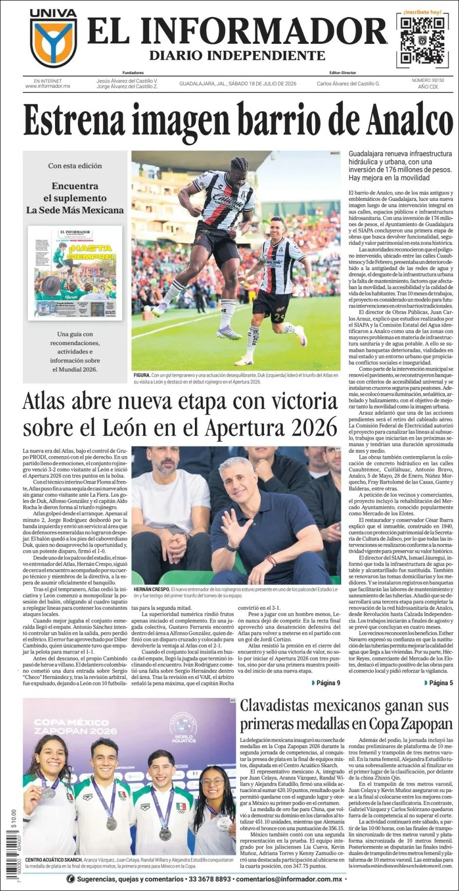 Portada de El Informador del sábado, 18 de julio de 2026