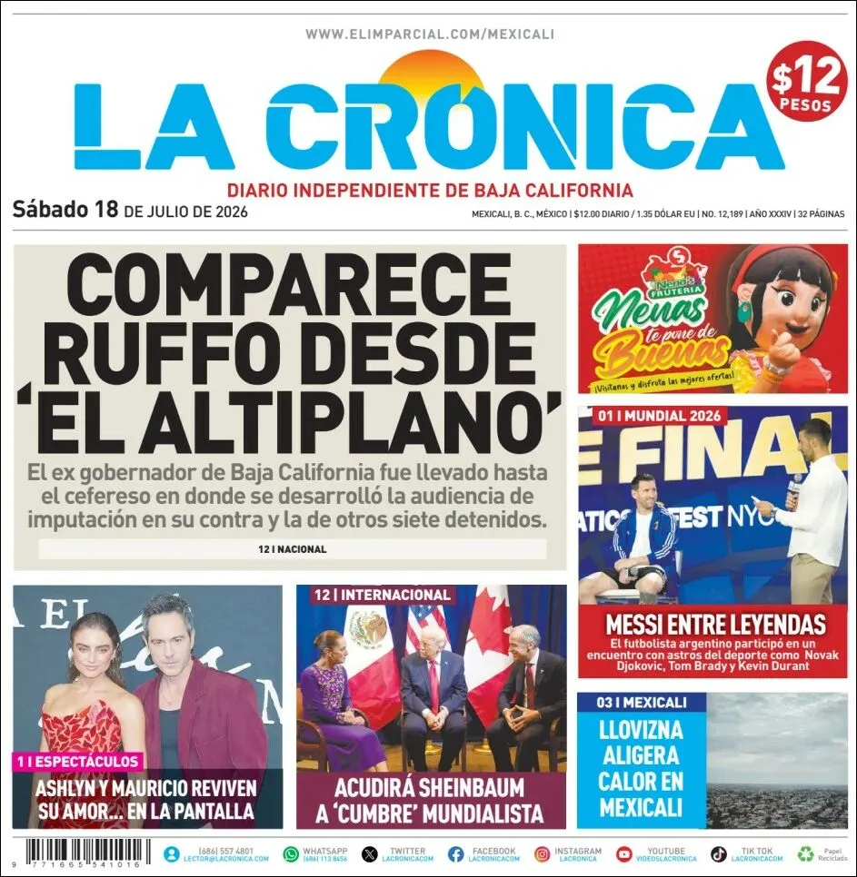 Portada de La Cronica del sábado, 18 de julio de 2026