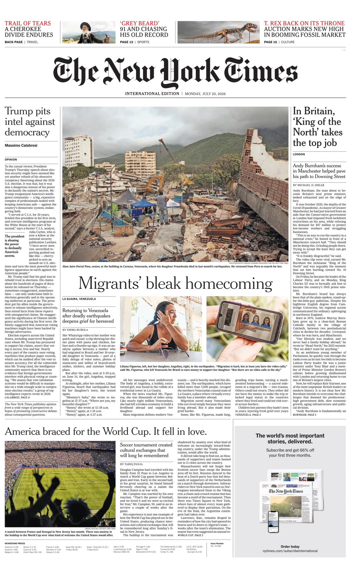 Portada de The New York Times (international) del lunes, 20 de julio de 2026