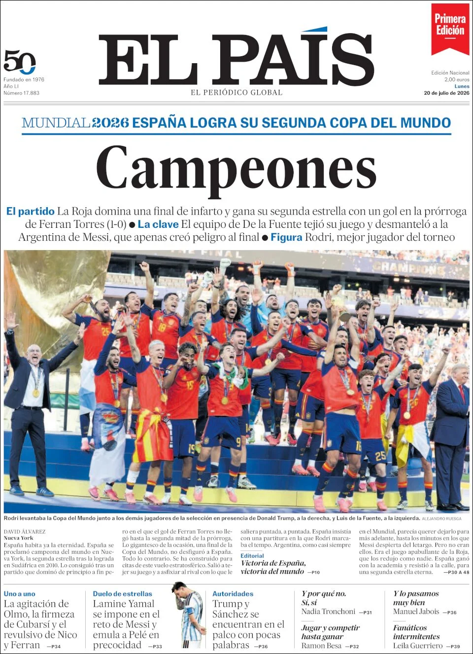 Portada de El Pais del lunes, 20 de julio de 2026
