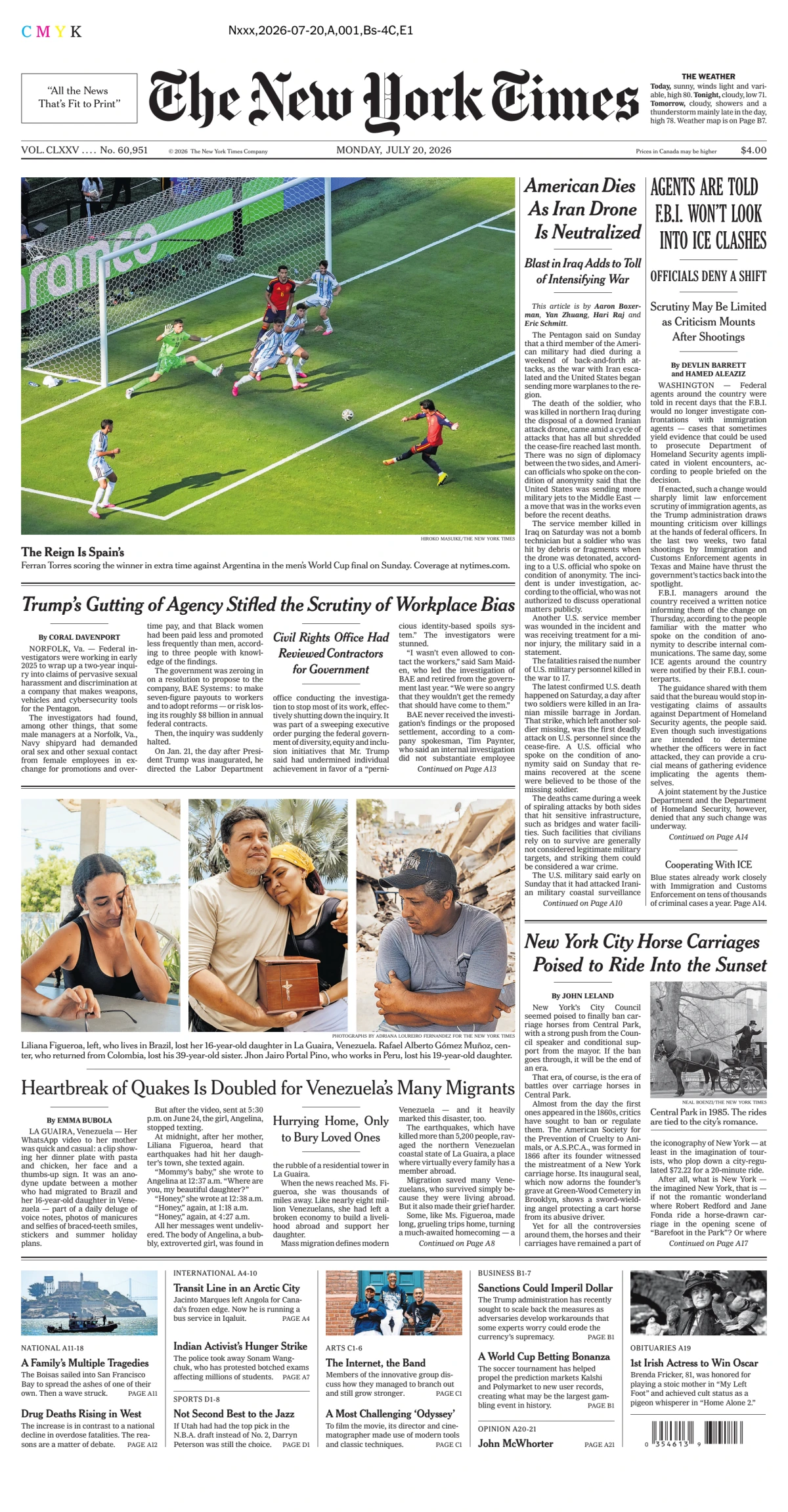 Portada de The New York Times (new York) del lunes, 20 de julio de 2026
