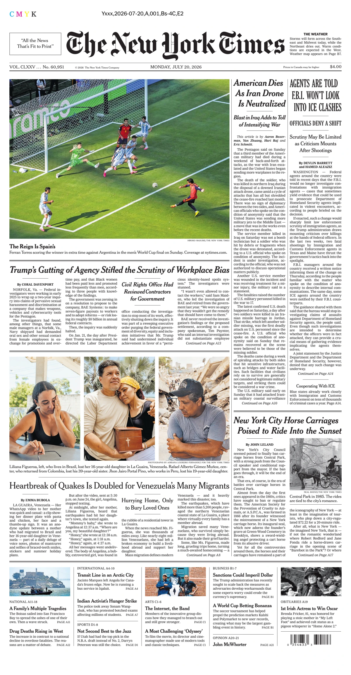 Portada de The New York Times (national) del lunes, 20 de julio de 2026