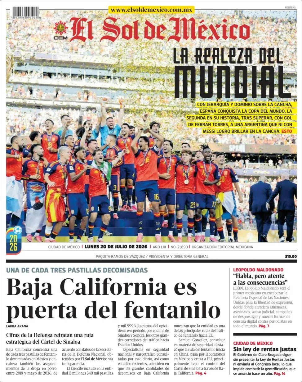 Portada de El Sol de Mexico del lunes, 20 de julio de 2026