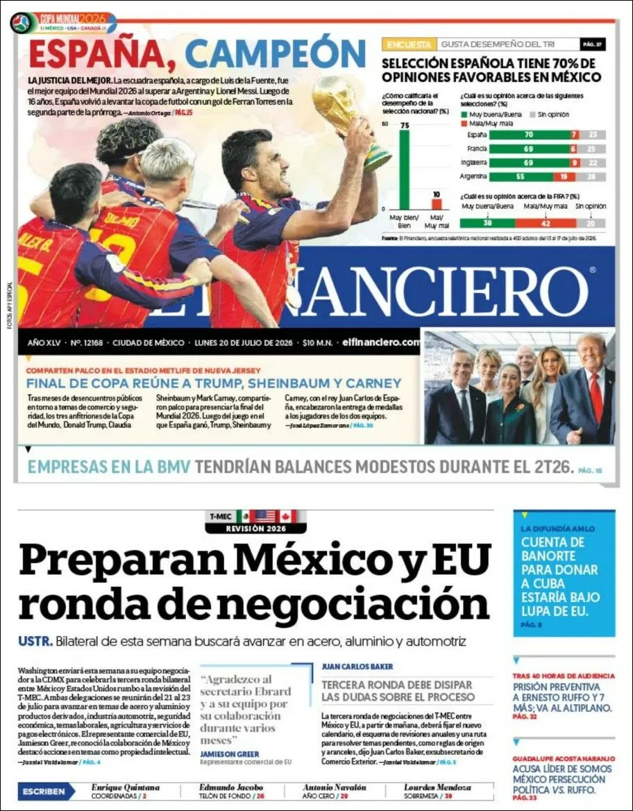 Portada de El Financiero del lunes, 20 de julio de 2026
