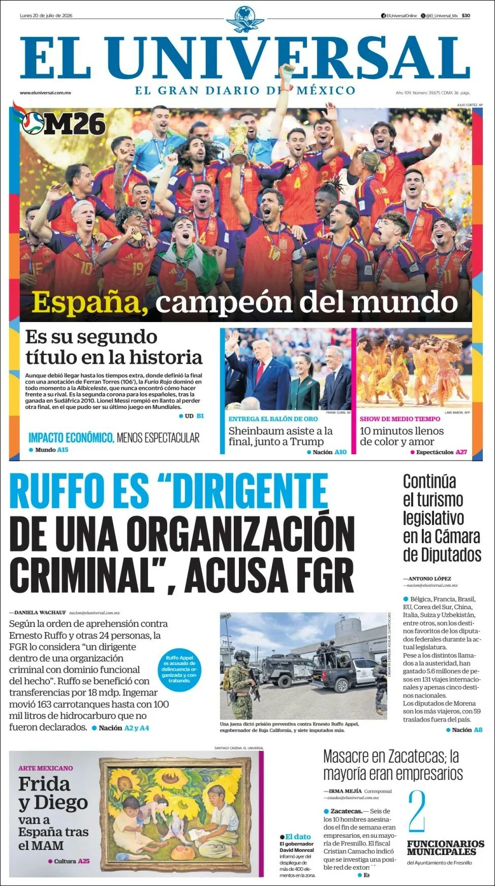 Portada de El Universal del lunes, 20 de julio de 2026
