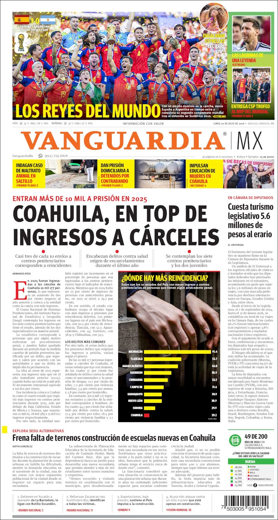 Portada de Vanguardia del lunes, 20 de julio de 2026