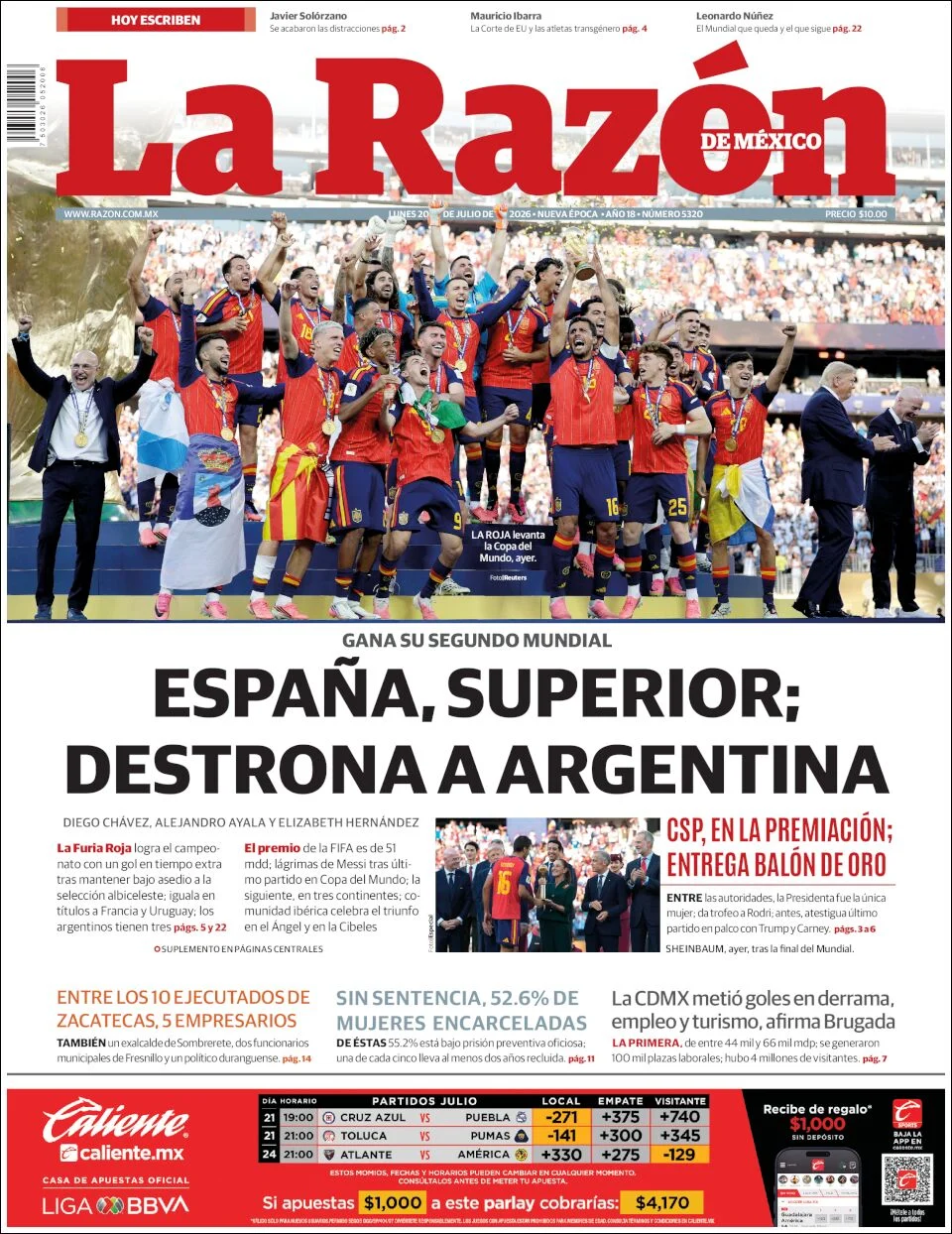 Portada de La Razon del lunes, 20 de julio de 2026
