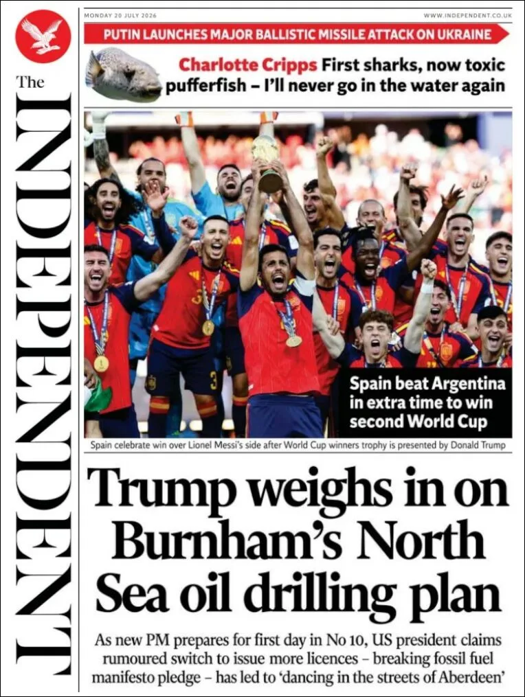 Portada de The Independent del lunes, 20 de julio de 2026