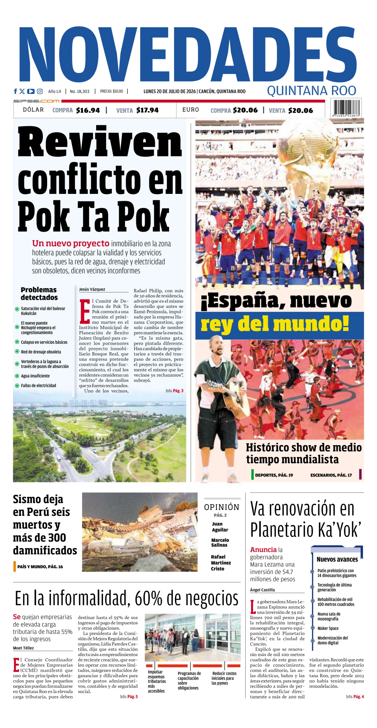Portada de Novedades Quintana Roo del lunes, 20 de julio de 2026
