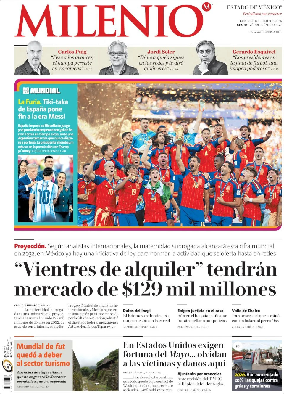 Portada de Milenio Edo de Mexico del lunes, 20 de julio de 2026