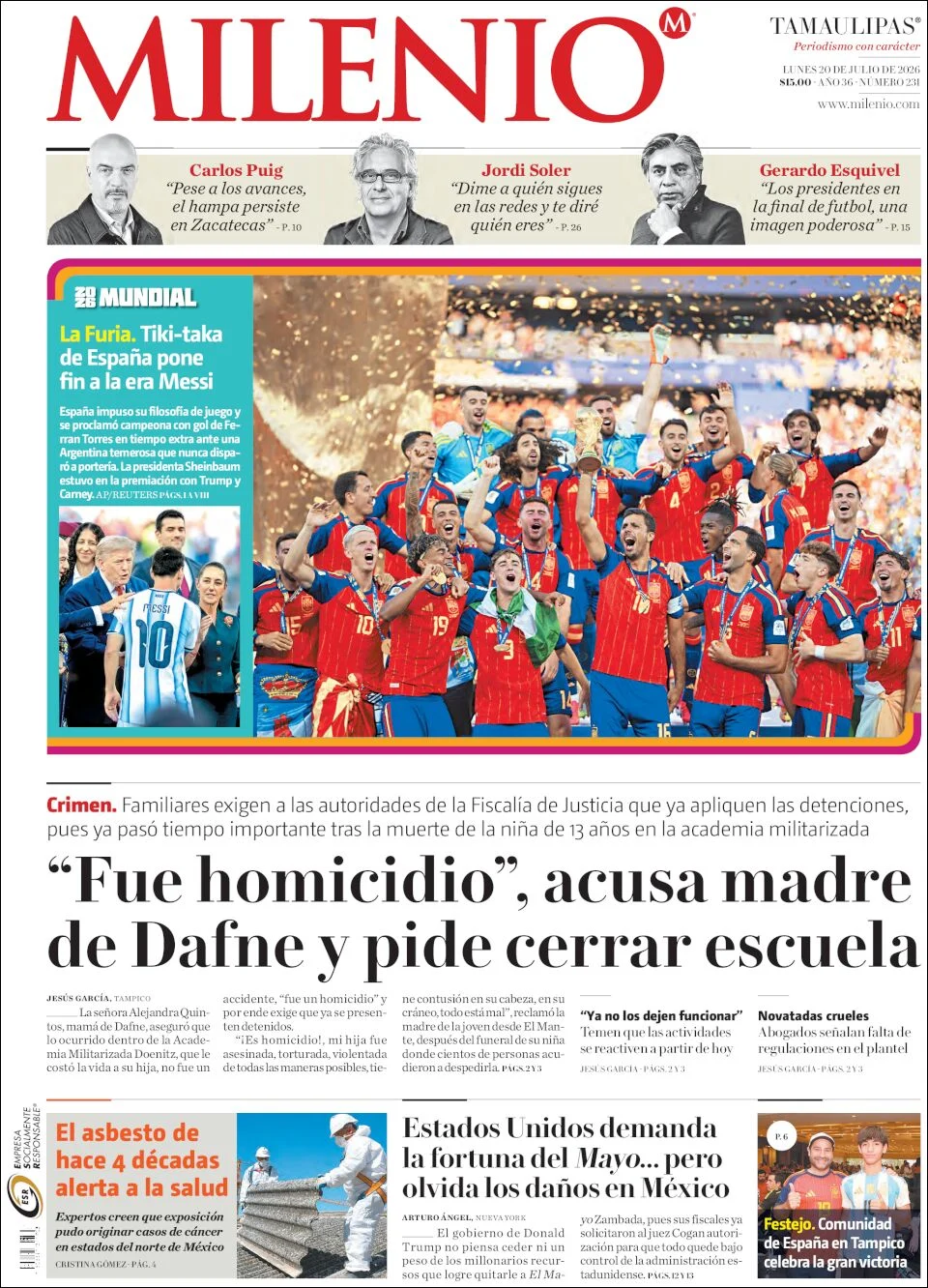 Portada de Milenio Tamaulipas del lunes, 20 de julio de 2026