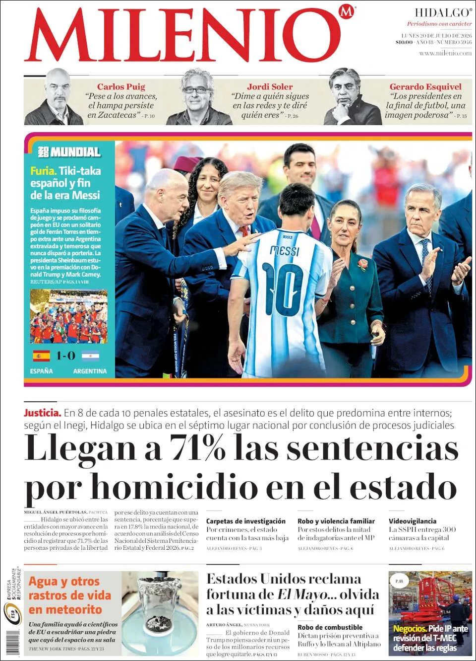 Portada de Milenio Hidalgo del lunes, 20 de julio de 2026