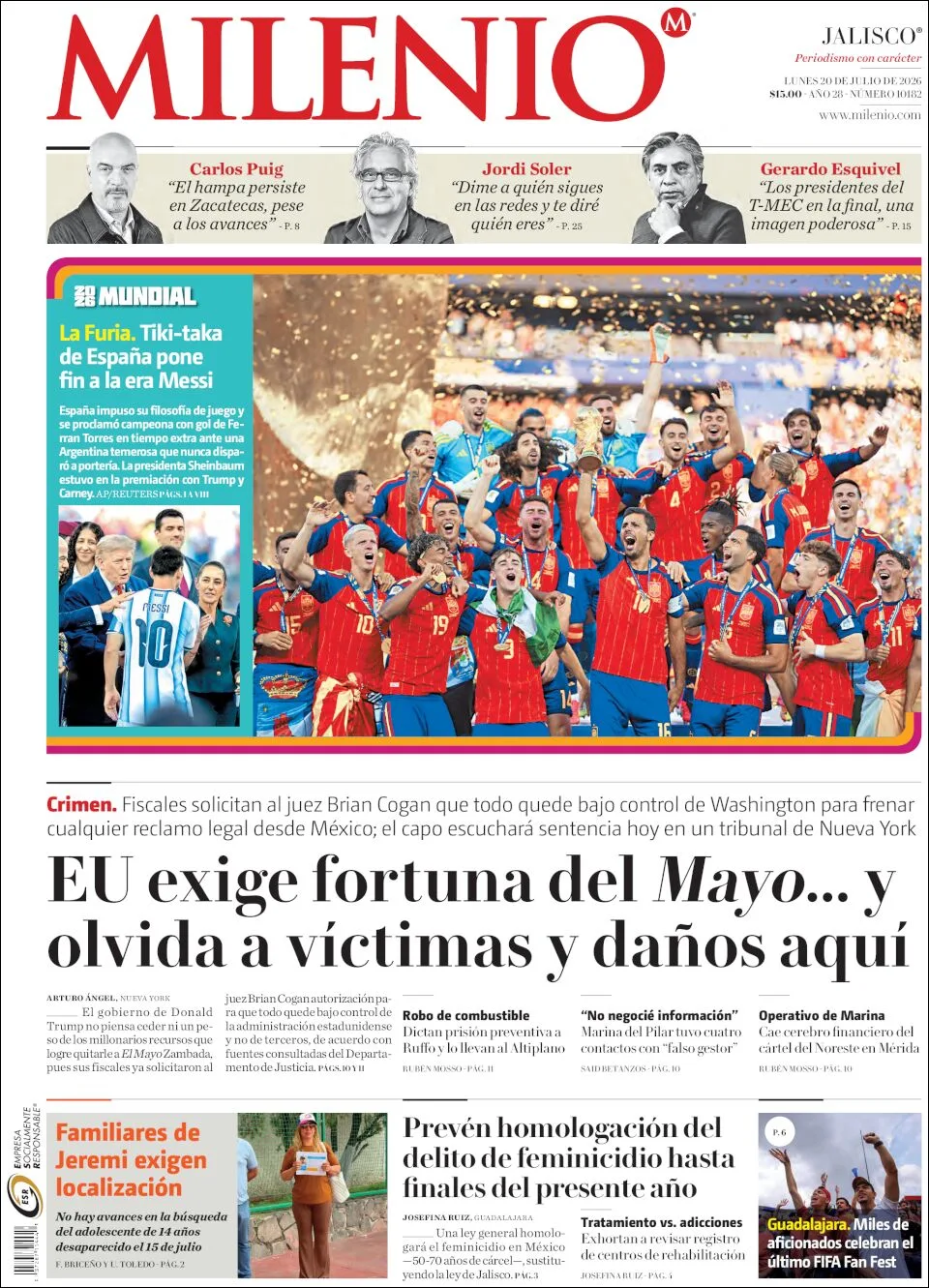 Portada de Milenio Jalisco del lunes, 20 de julio de 2026
