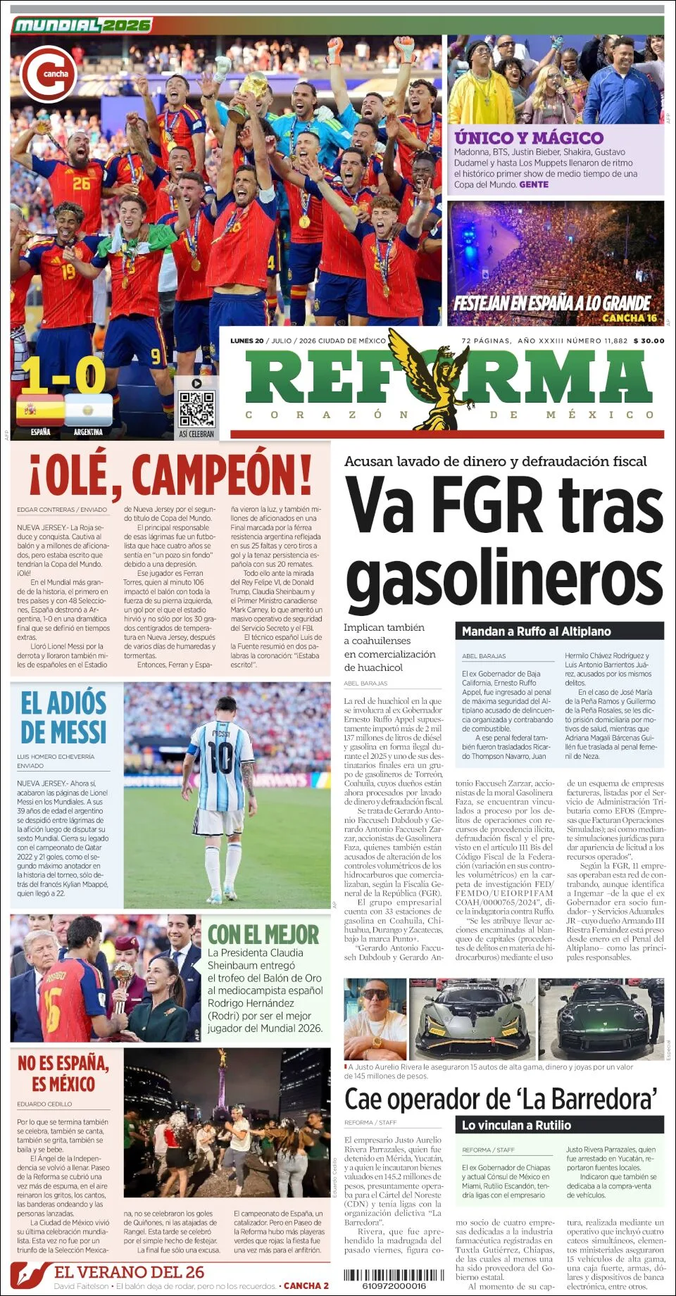 Portada de Reforma del lunes, 20 de julio de 2026