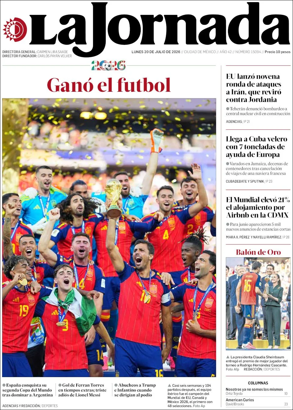 Portada de La Jornada del lunes, 20 de julio de 2026
