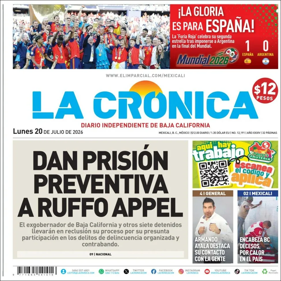Portada de La Cronica del lunes, 20 de julio de 2026