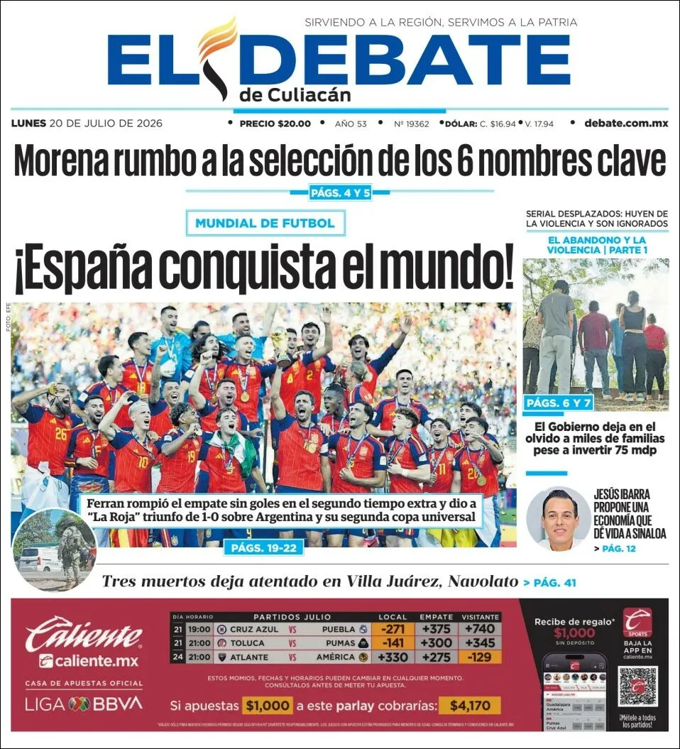 Portada de El Debate de Culiacan del lunes, 20 de julio de 2026