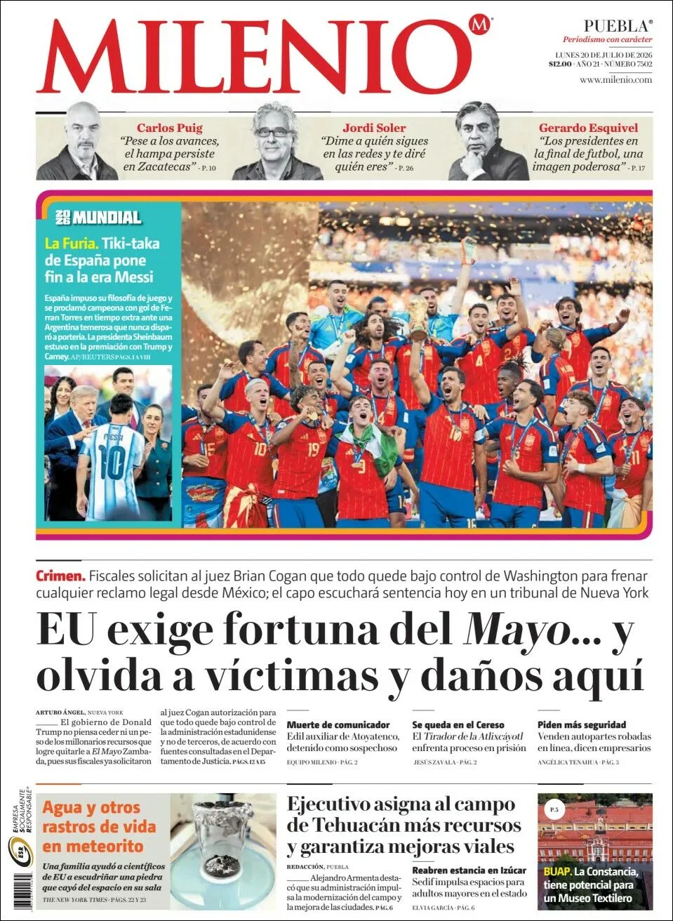 Portada de Milenio Puebla del lunes, 20 de julio de 2026