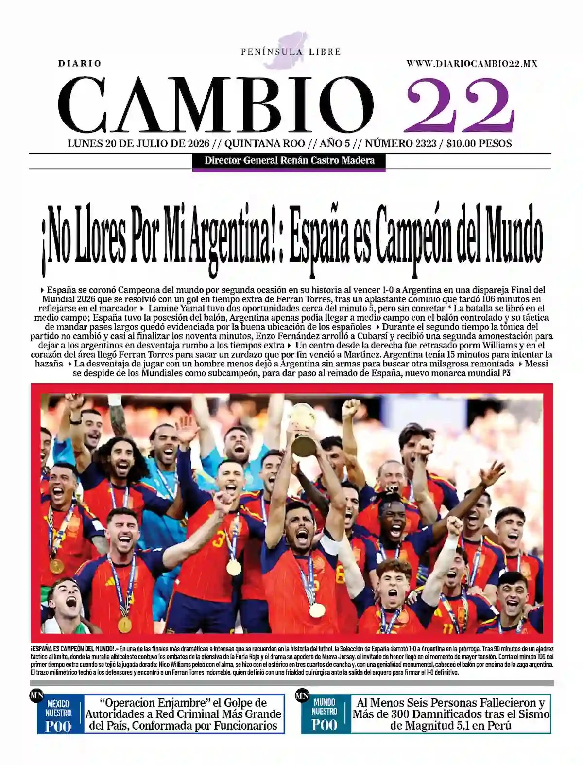 Portada de Diario Cambio 22 (portada) del lunes, 20 de julio de 2026