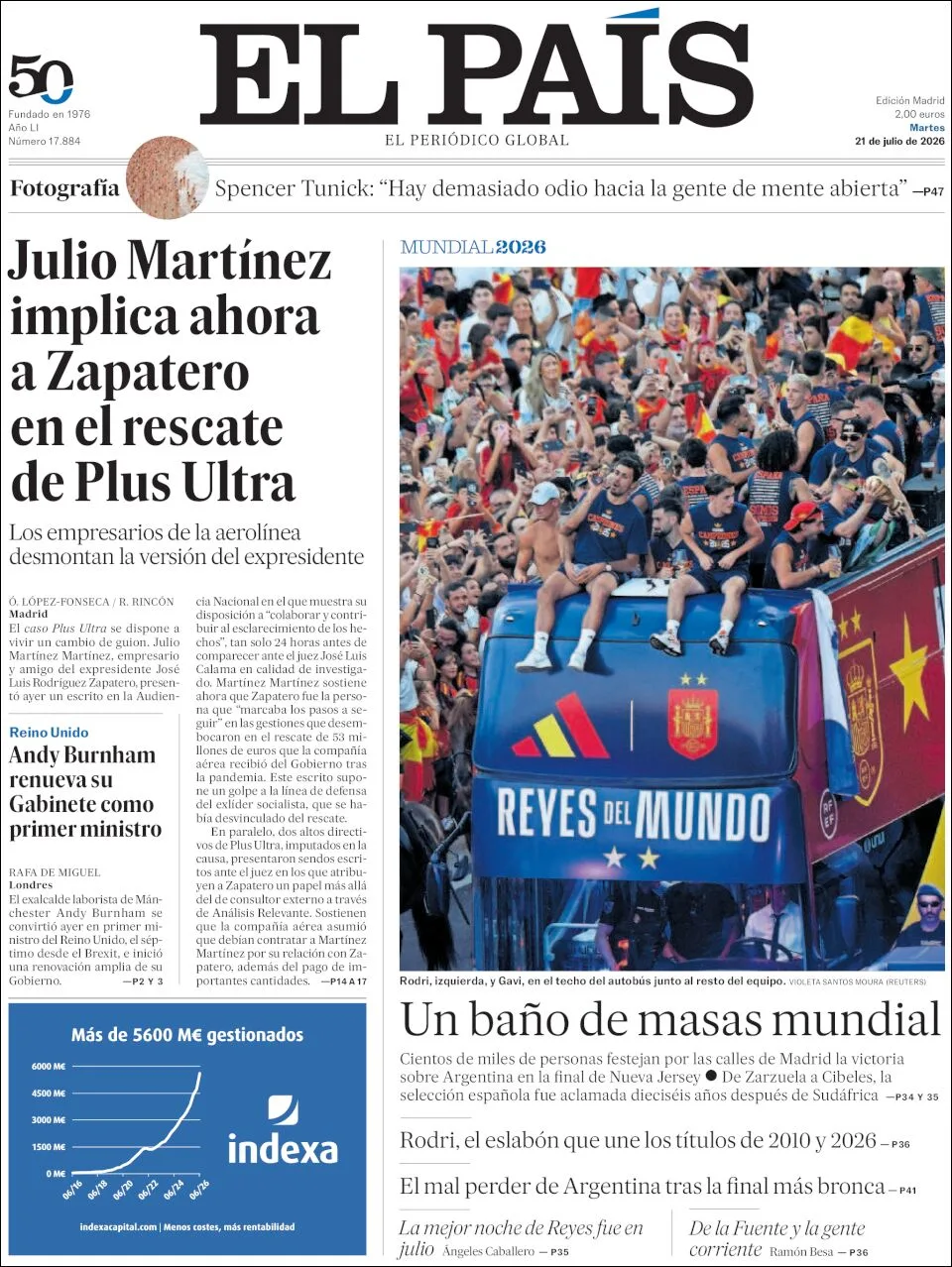 Portada de El Pais del martes, 21 de julio de 2026