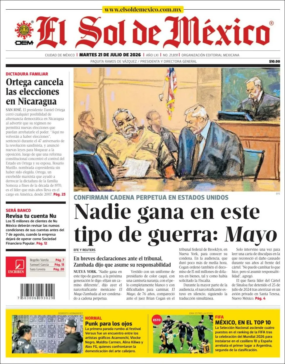 Portada de El Sol de Mexico del martes, 21 de julio de 2026