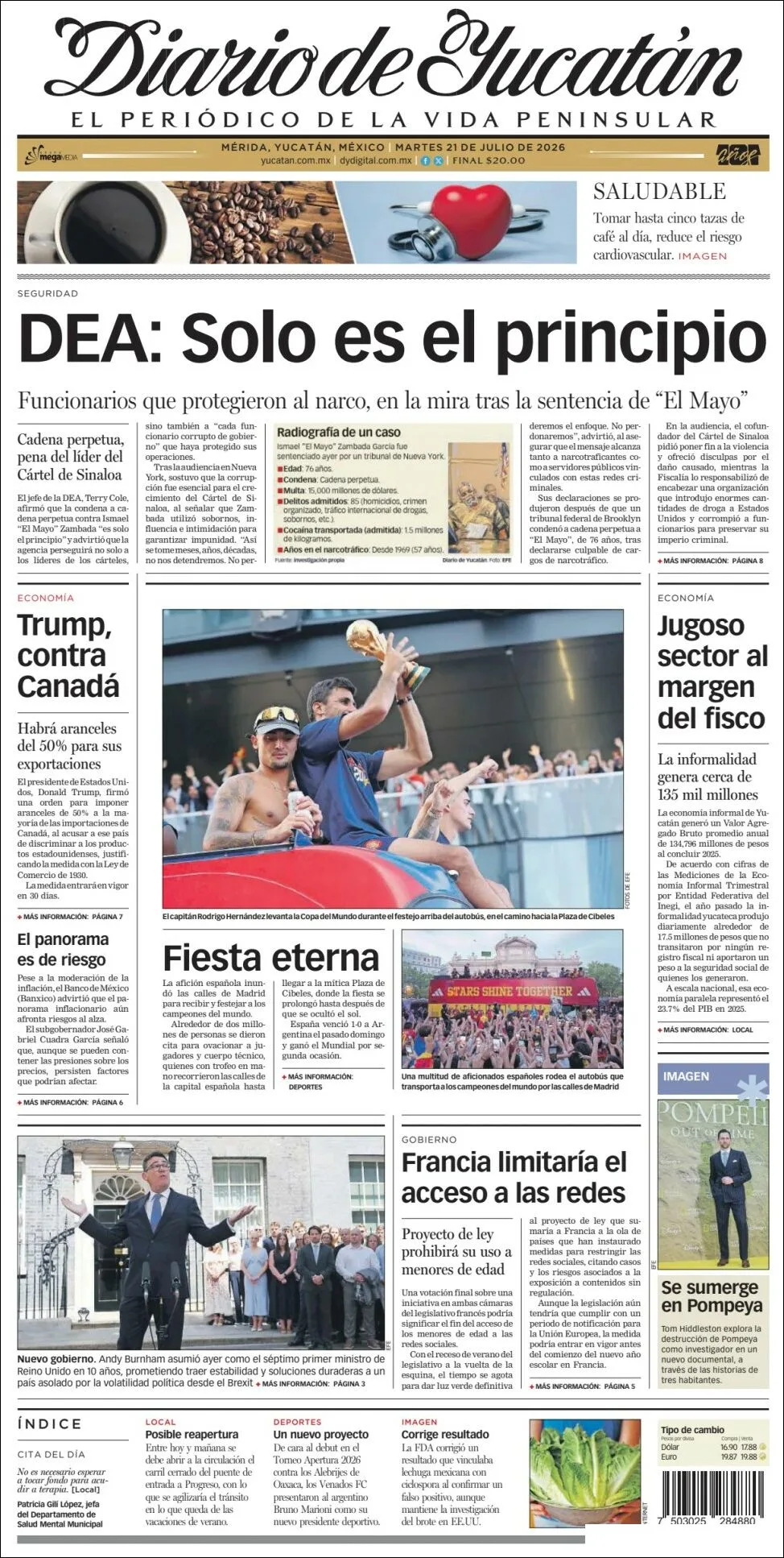 Portada de Diario de Yucatán del martes, 21 de julio de 2026