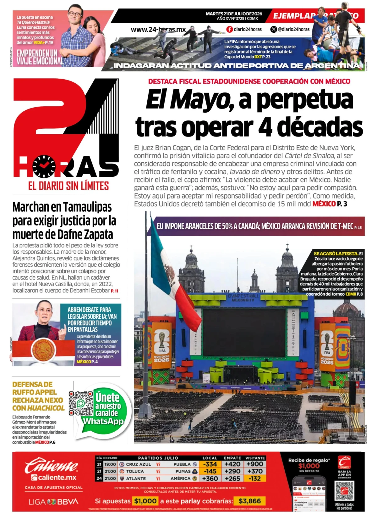 Portada de 24 Horas del martes, 21 de julio de 2026