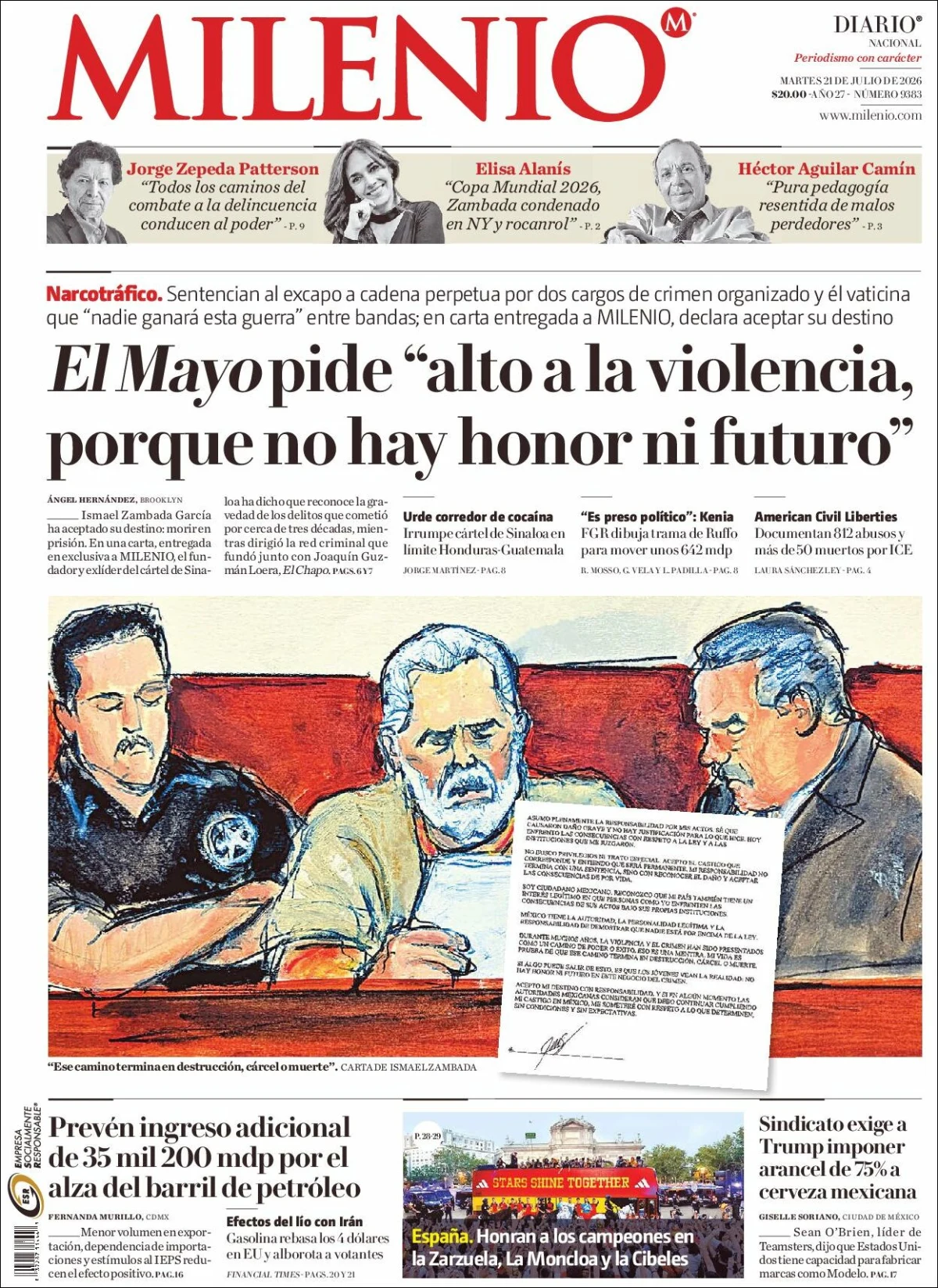 Portada de Milenio del martes, 21 de julio de 2026