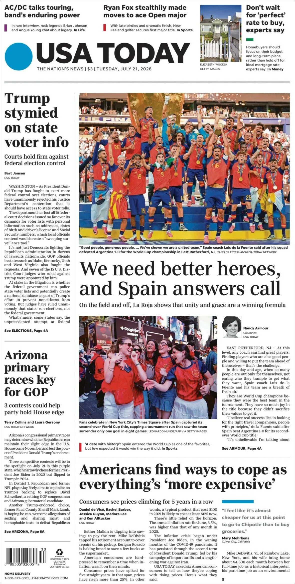 Portada de Usa Today del martes, 21 de julio de 2026
