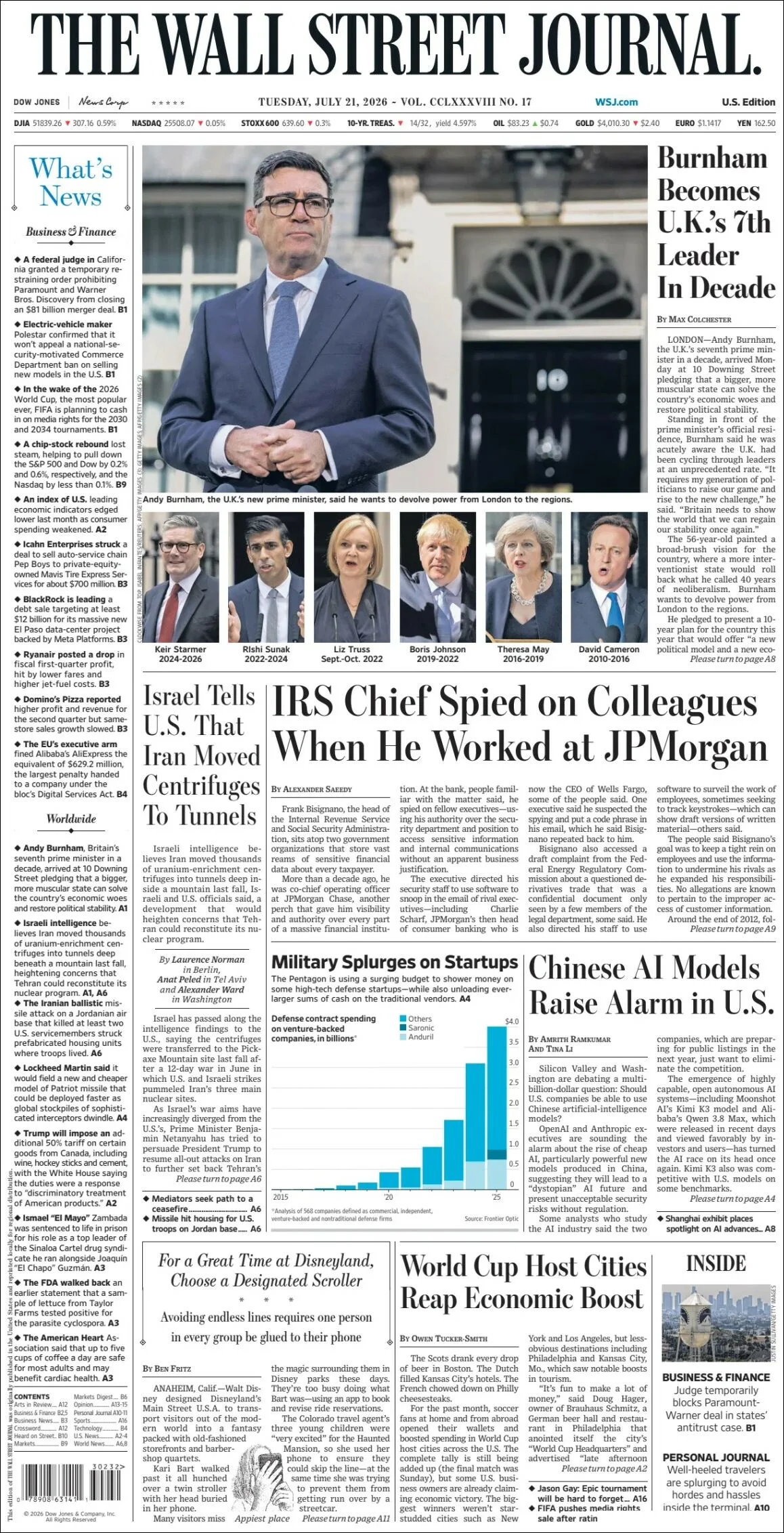Portada de The Wall Street Journal del martes, 21 de julio de 2026