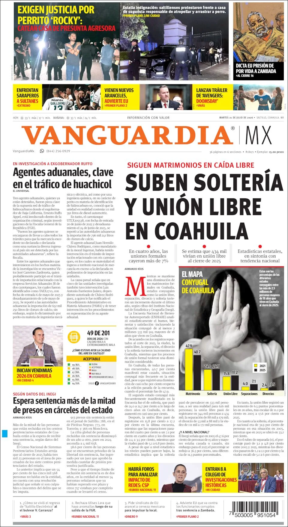 Portada de Vanguardia del martes, 21 de julio de 2026
