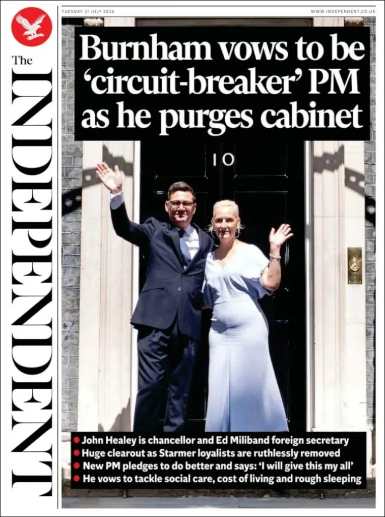 Portada de The Independent del martes, 21 de julio de 2026