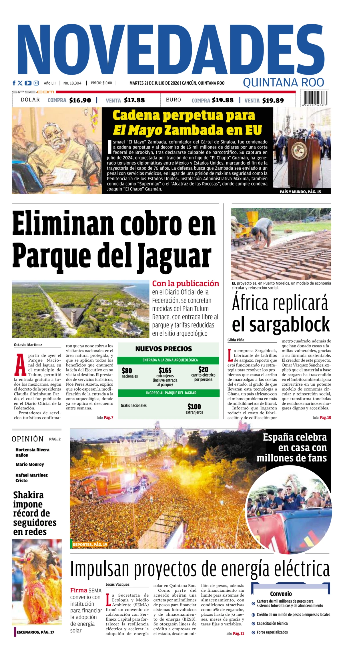 Portada de Novedades Quintana Roo del martes, 21 de julio de 2026
