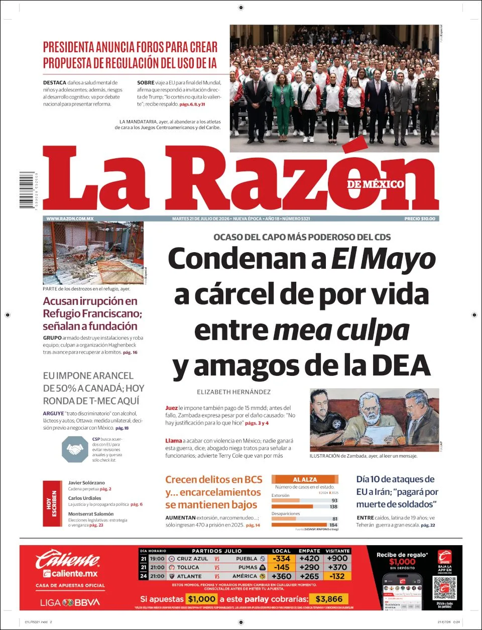 Portada de La Razon del martes, 21 de julio de 2026