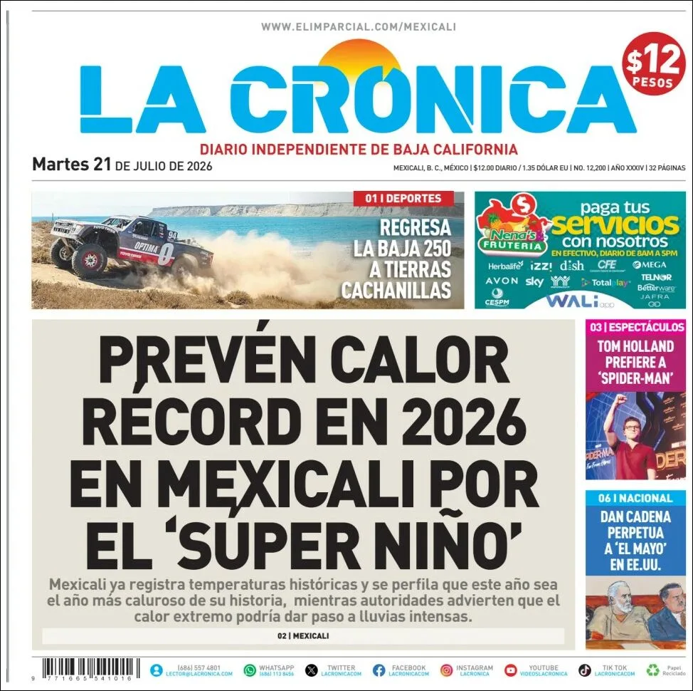 Portada de La Cronica del martes, 21 de julio de 2026