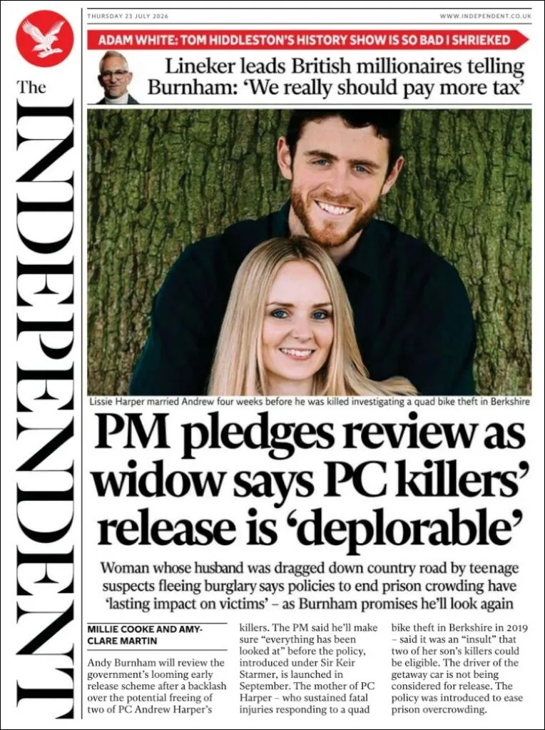 Portada de The Independent del jueves, 23 de julio de 2026