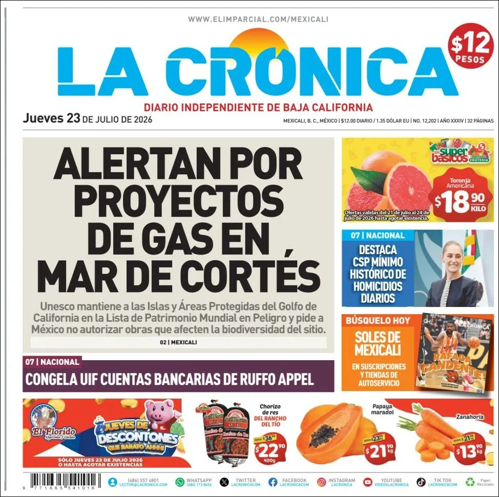 Portada de La Cronica del jueves, 23 de julio de 2026