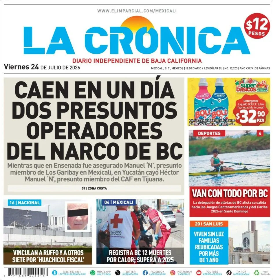 Portada de La Cronica del viernes, 24 de julio de 2026