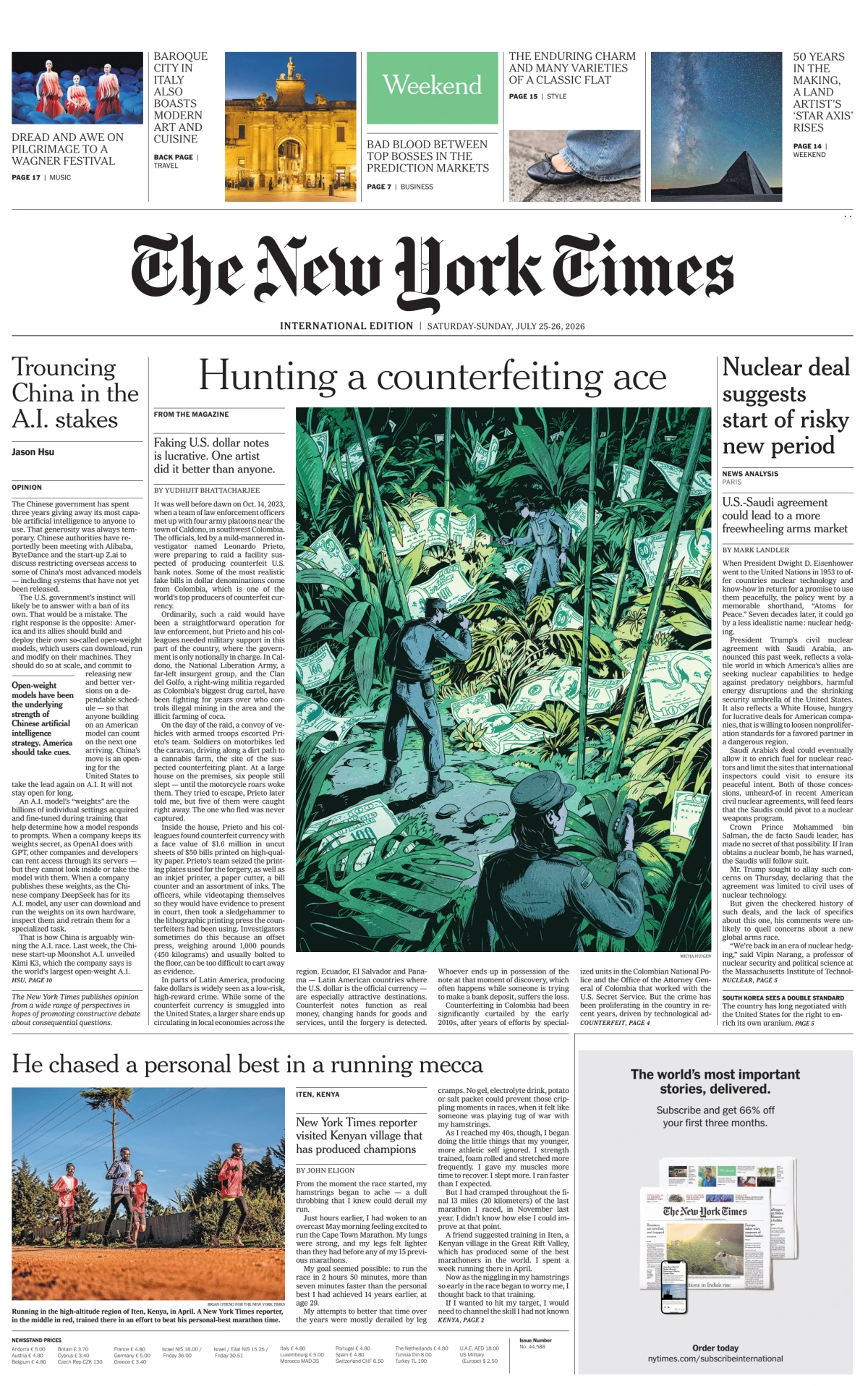 Portada de The New York Times (international) del sábado, 25 de julio de 2026