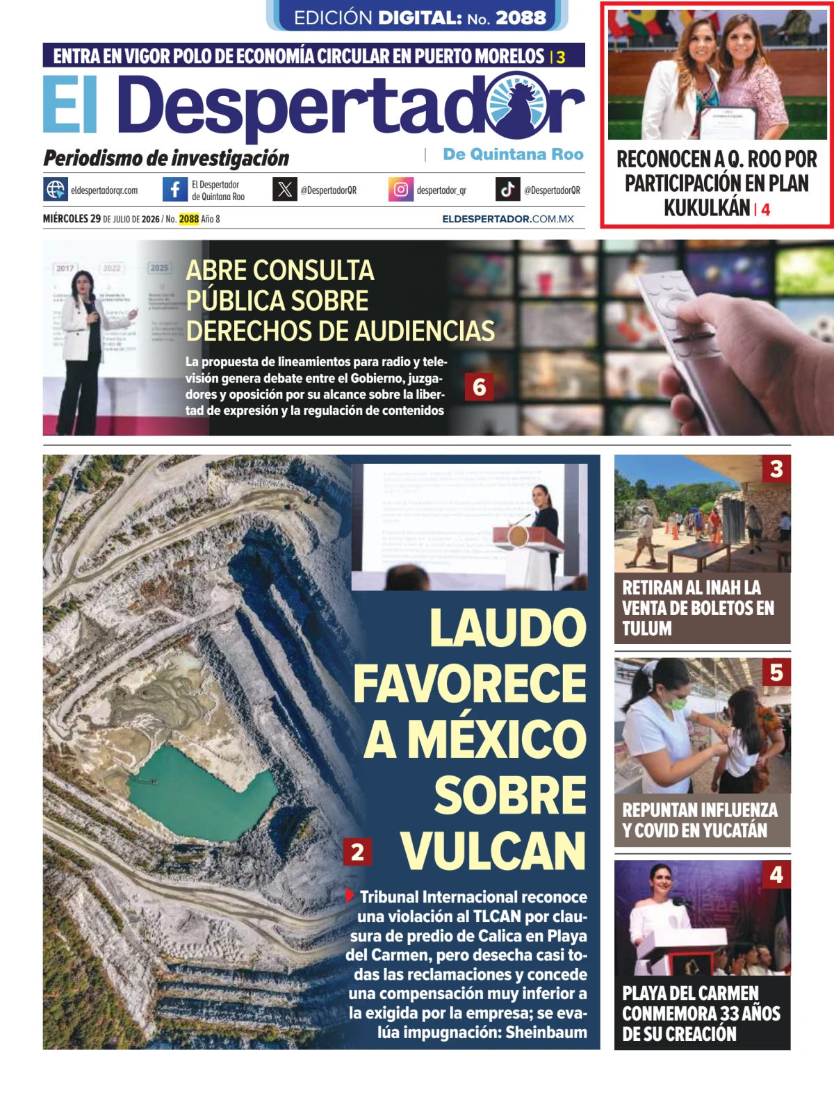 Portada de El Despertador de Quintana Roo del miércoles, 29 de julio de 2026