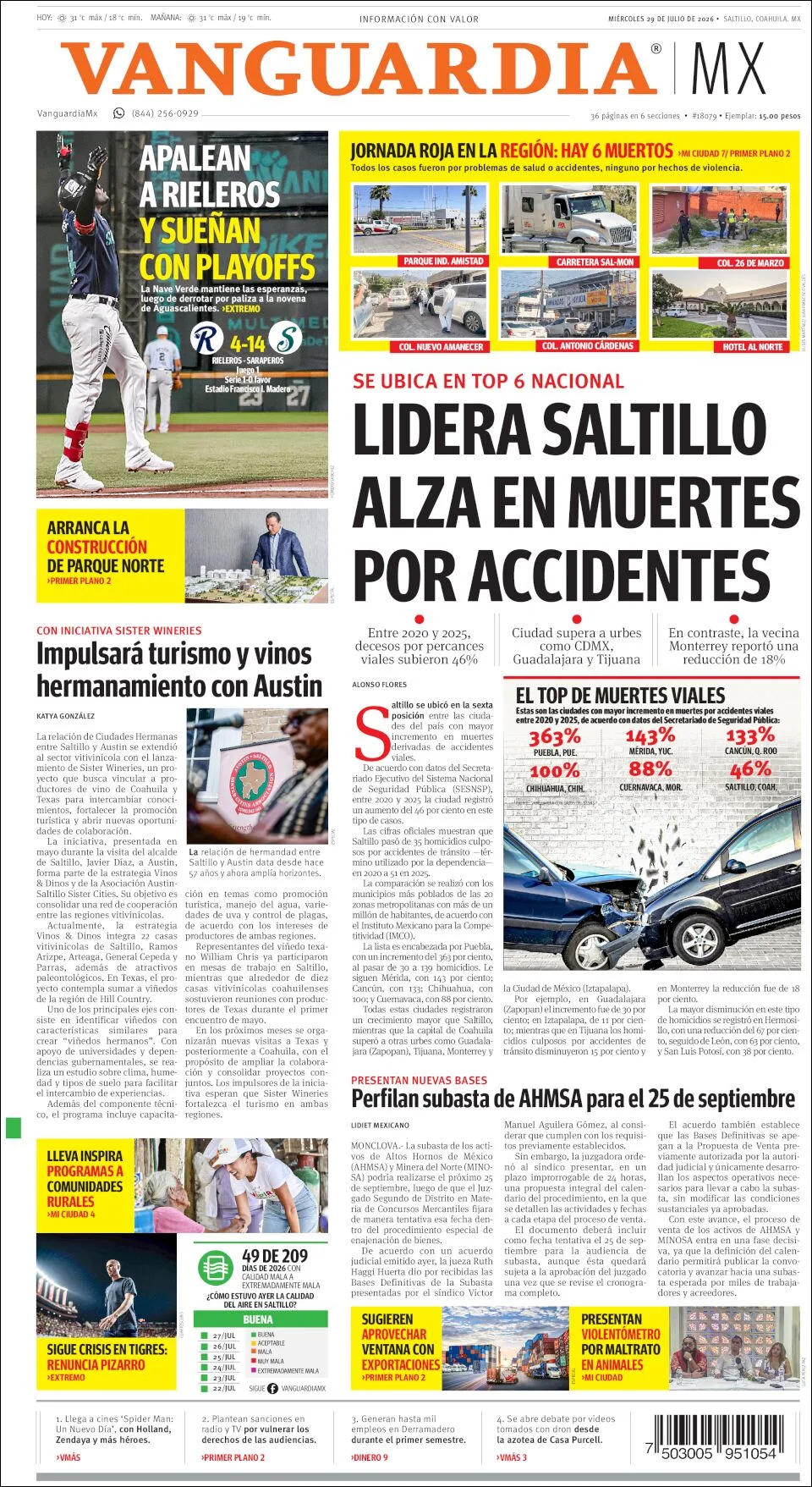 Portada de Vanguardia del miércoles, 29 de julio de 2026
