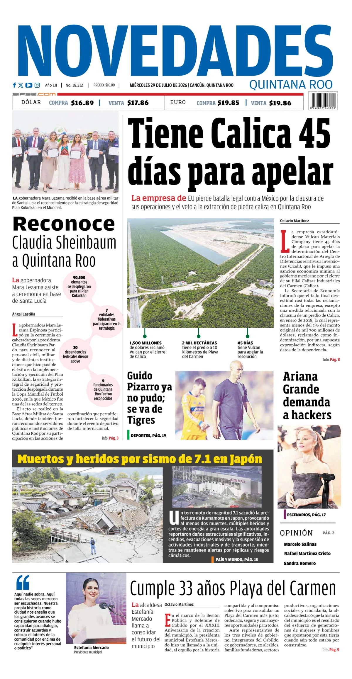 Portada de Novedades Quintana Roo del miércoles, 29 de julio de 2026