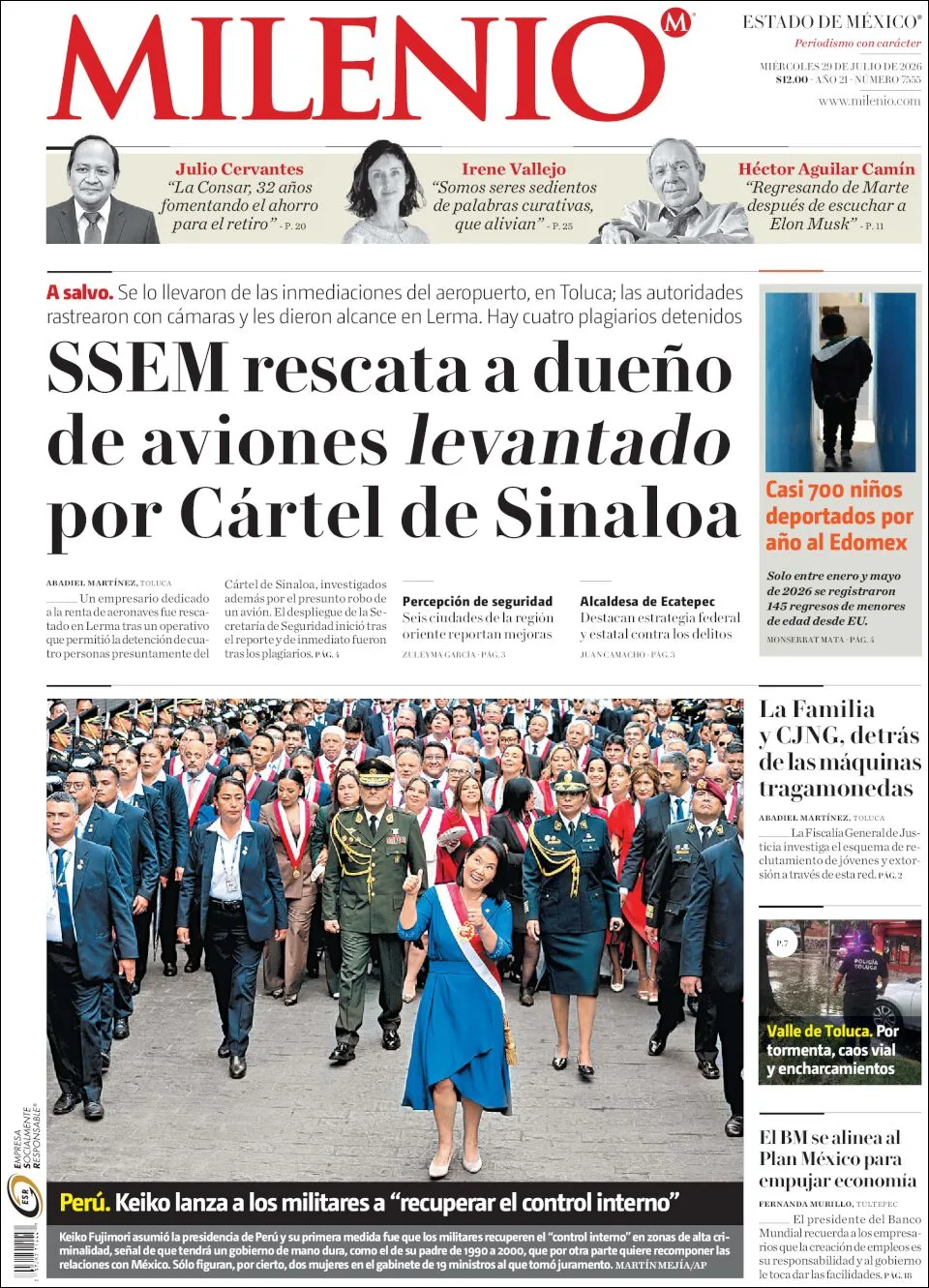 Portada de Milenio Edo de Mexico del miércoles, 29 de julio de 2026