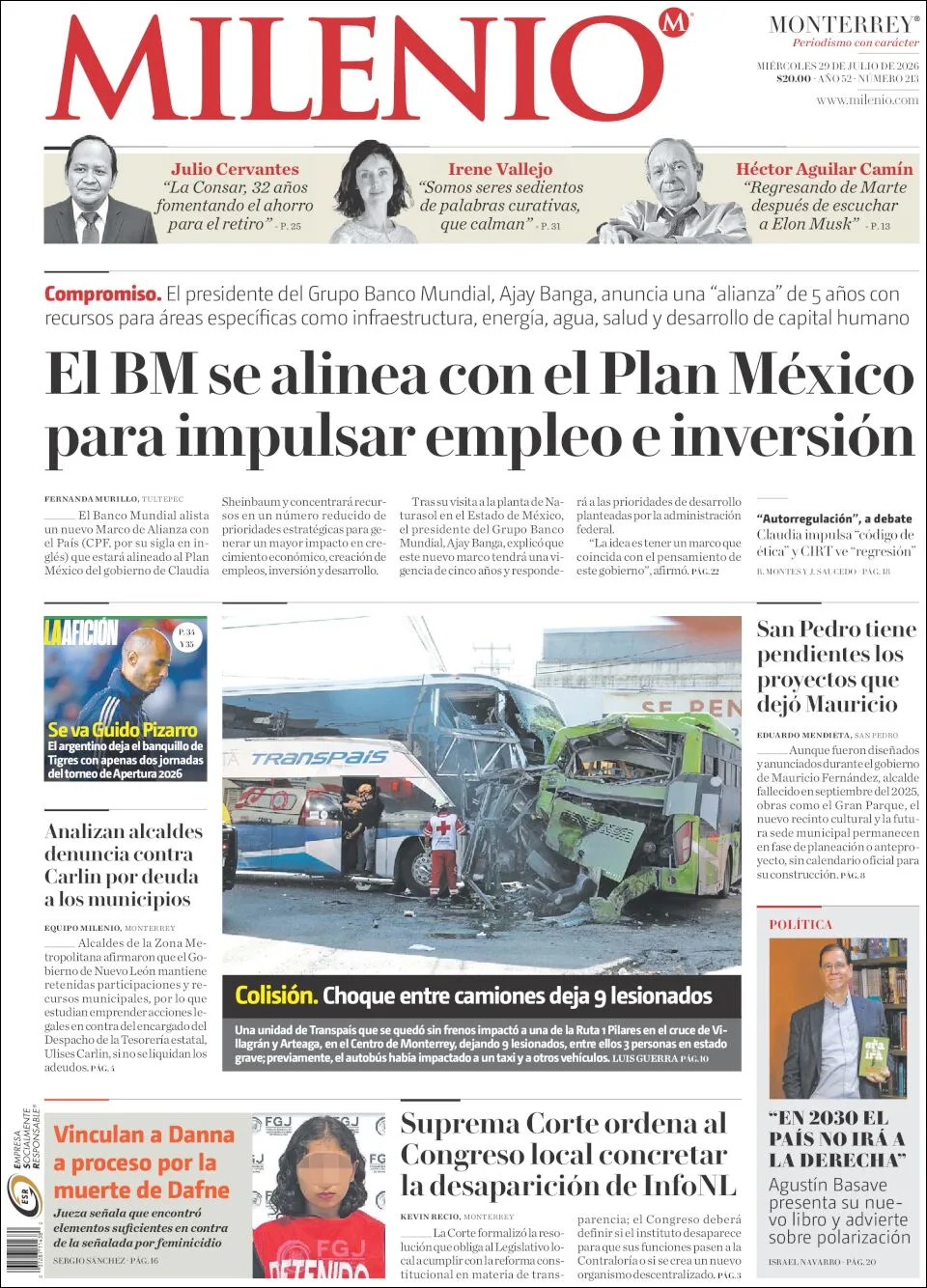 Portada de Milenio del miércoles, 29 de julio de 2026