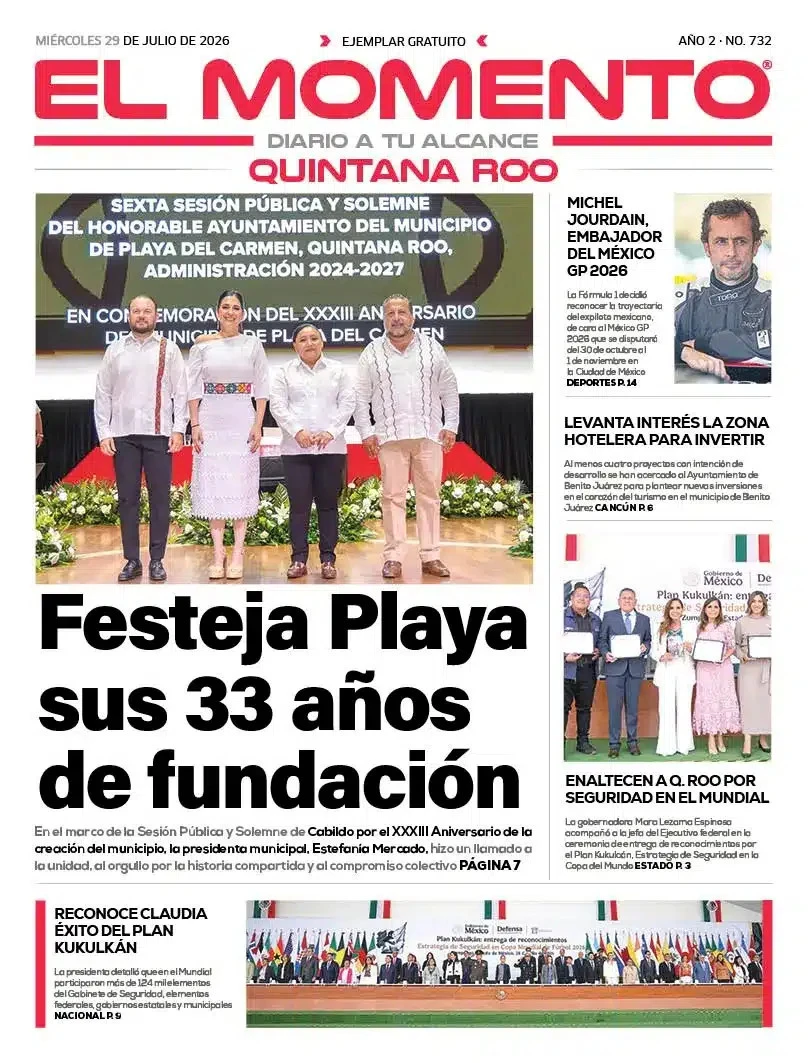 Portada de El Momento Quintana Roo del miércoles, 29 de julio de 2026