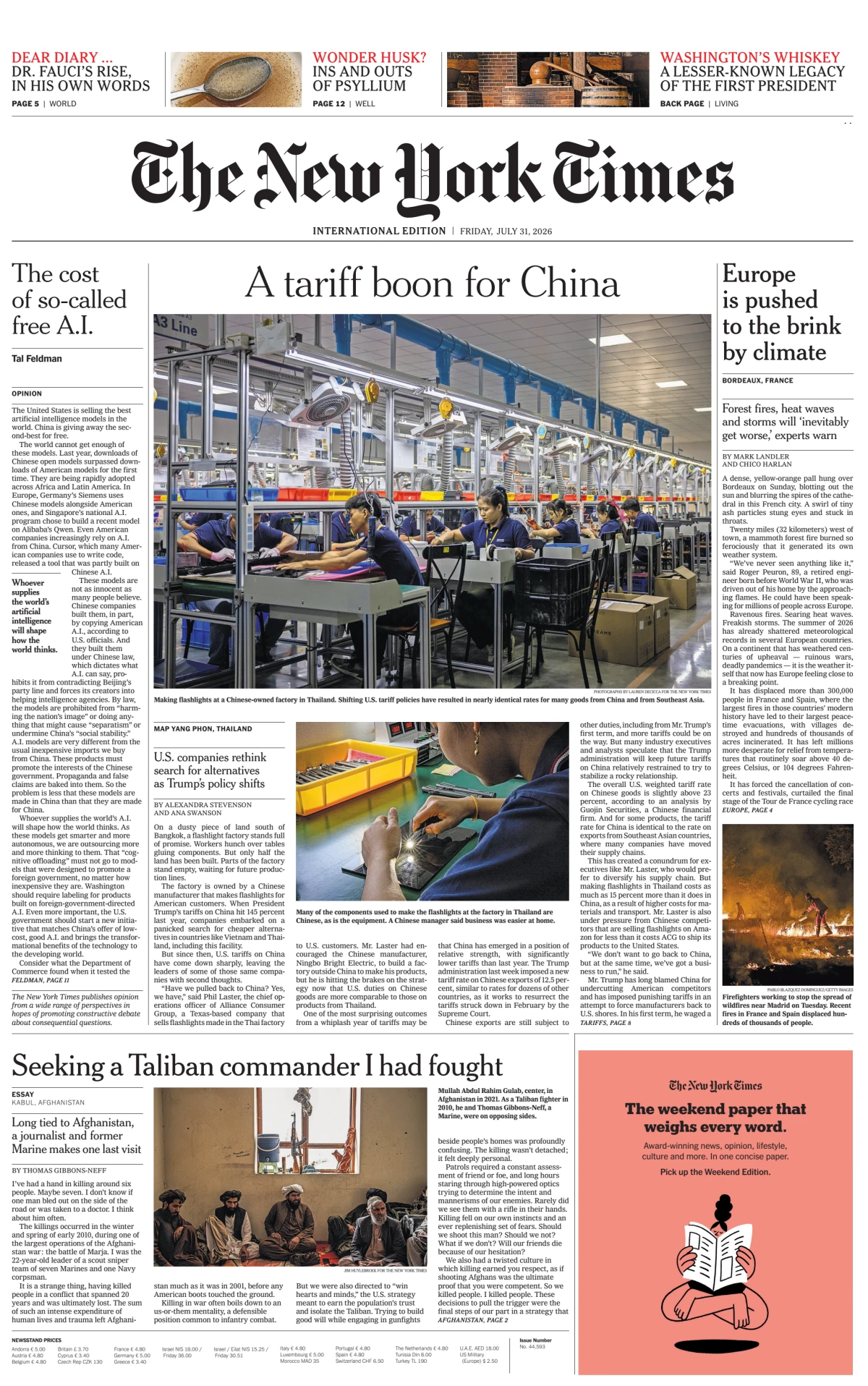 Portada de The New York Times (international) del viernes, 31 de julio de 2026