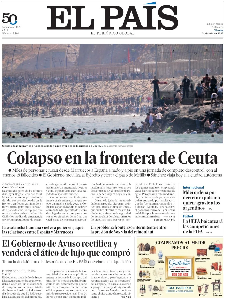 Portada de El Pais del viernes, 31 de julio de 2026
