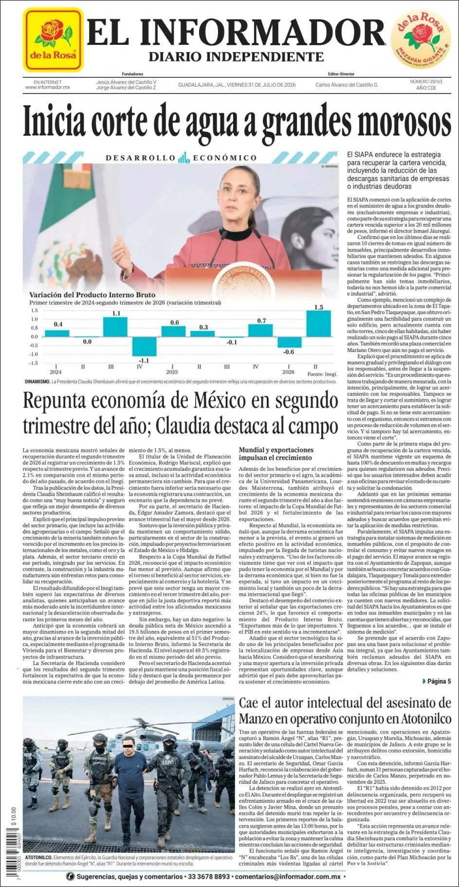 Portada de El Informador del viernes, 31 de julio de 2026