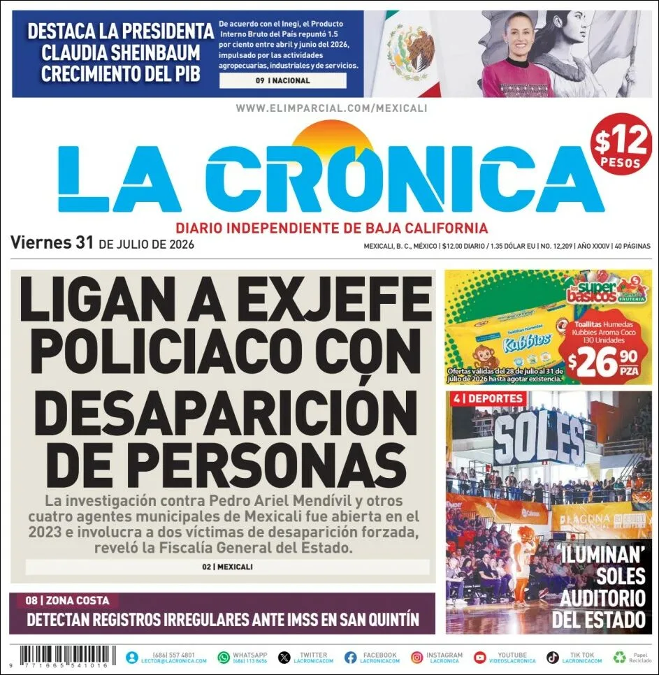 Portada de La Cronica del viernes, 31 de julio de 2026